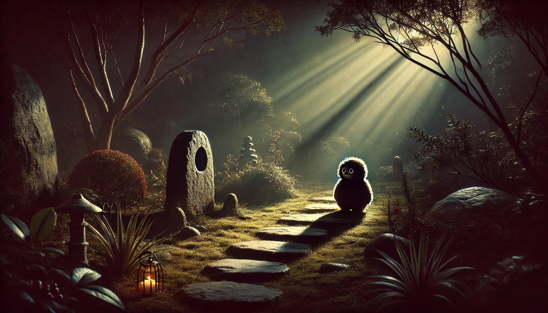 Makka Pakka stands near arranged stones in a dreamlike garden at sunset, with a distant cave symbolizing the mysteries of "Makka Pakka Death." The scene captures a somber and reflective mood.