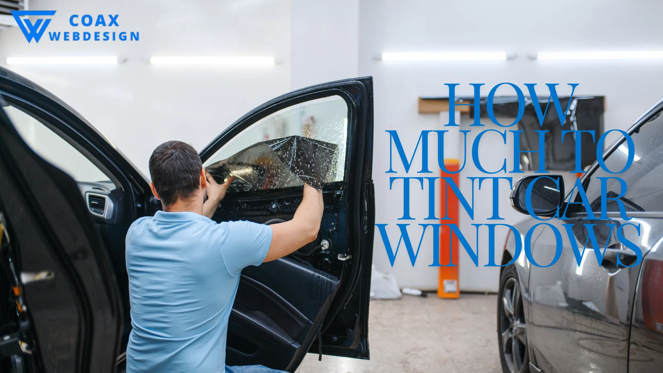 A technician working on a car’s door window, applying tint film, raising the question "how much to tint car windows."